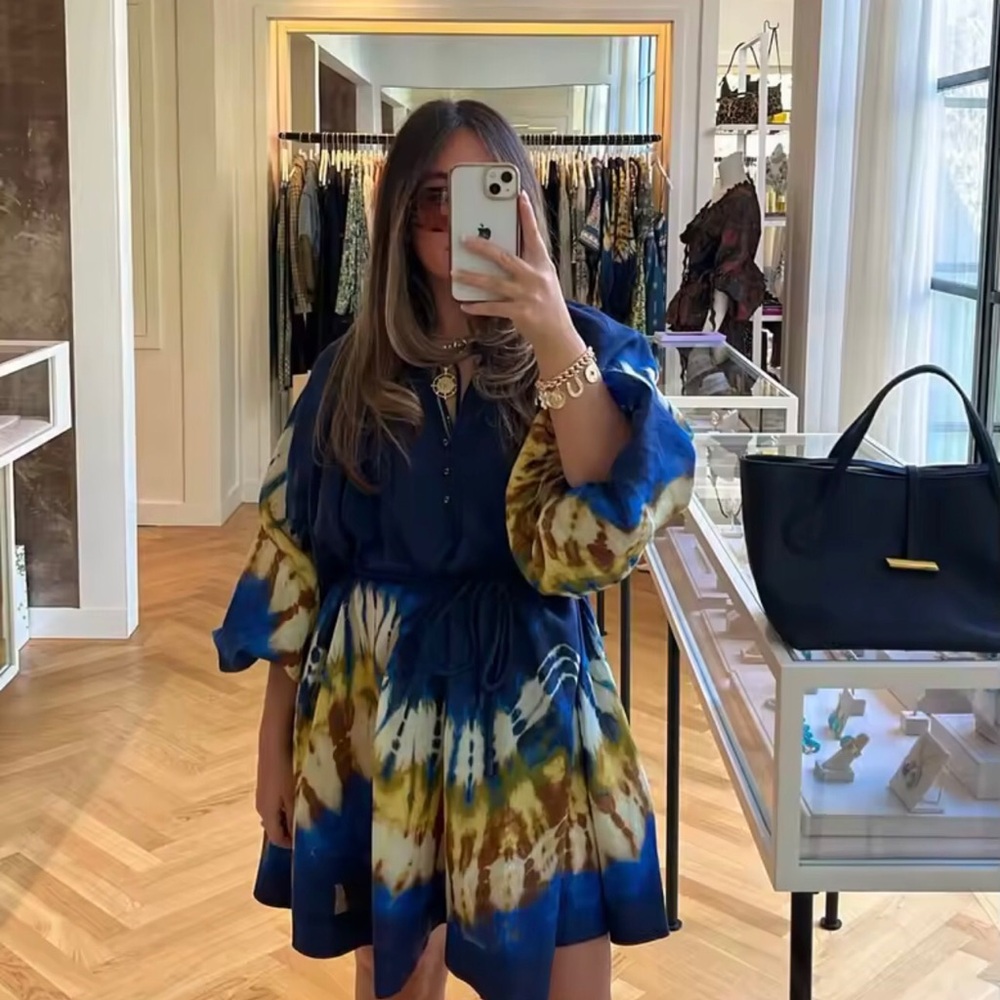 Alemais Martine Tie-Dye Blue & Yellow Women's Drawstring Waist mini Dress